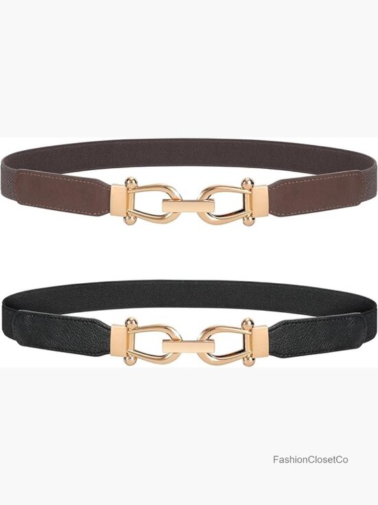 Stretchy Skinny Waist Belt with Gold Buckle - Elastic Adjustable Ladies Belt